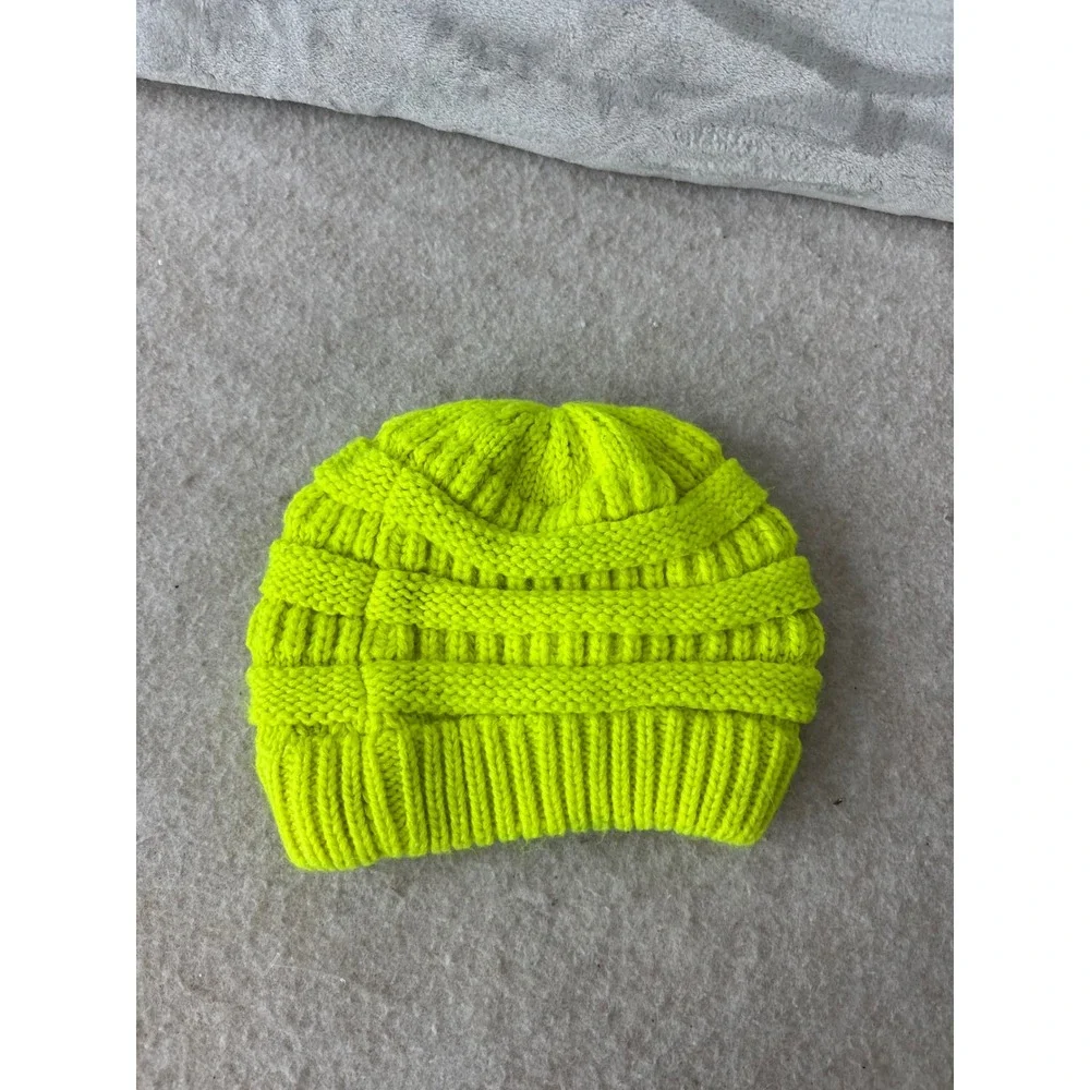 C.C Beanie Hat Neon Yellow Lime Green Cable Knit Ribbed Cuff Winter Cap 1564